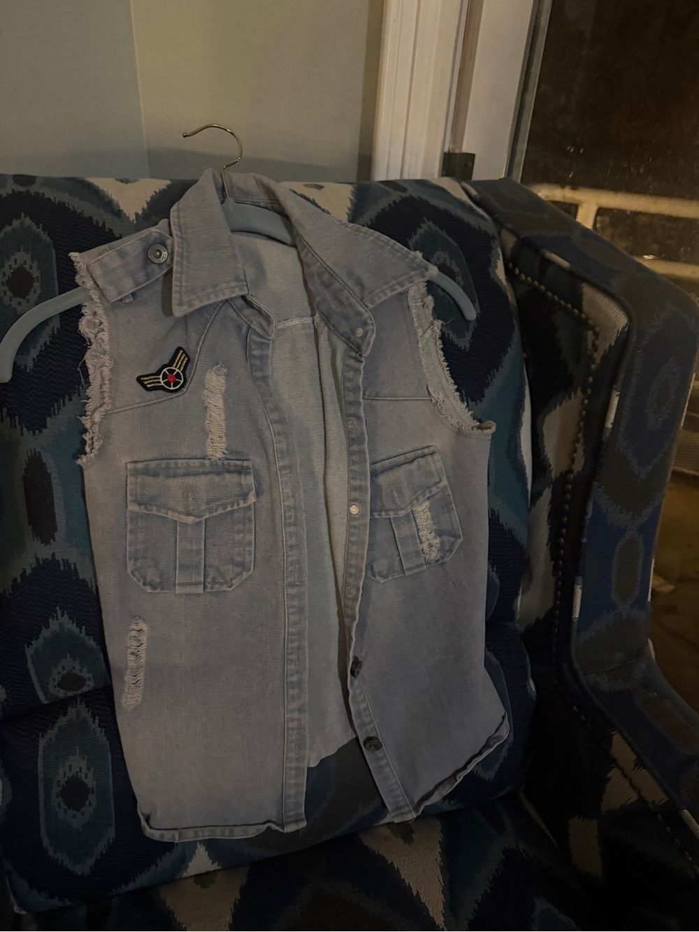 Ripe Light Blue Distressed Denim Vest with Embroidered Patch